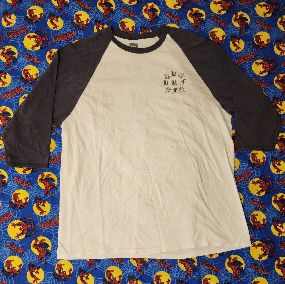 HUF Men's White and Navy Long Sleeve Raglan Tee XL